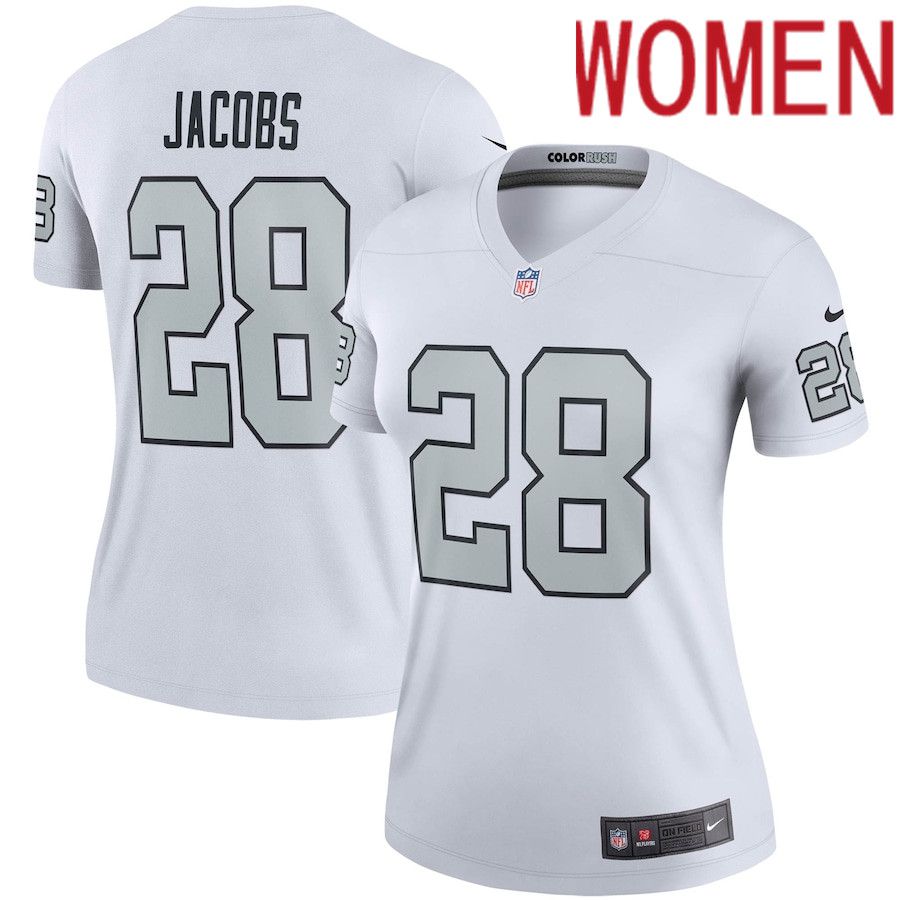 Women Oakland Raiders 28 Josh Jacobs Nike White Color Rush Legend Player NFL Jersey